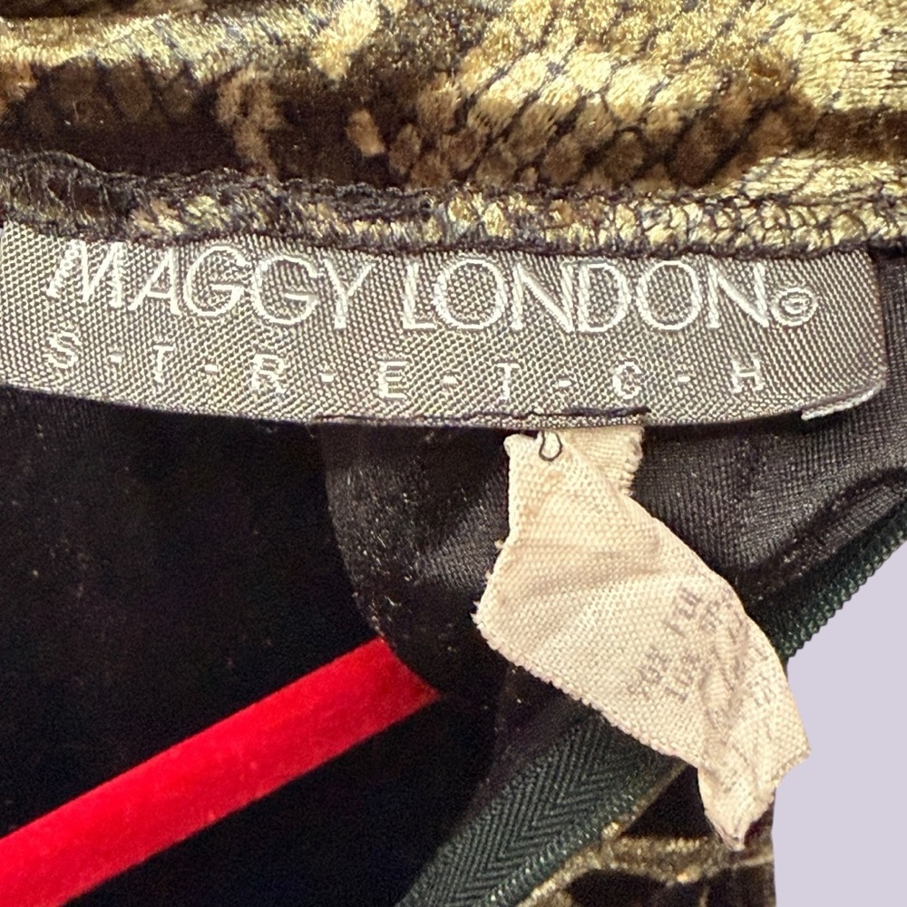 VTG Maggy London Gold and Olive Metallic Animal Print Midi Mock Neck Dress Sz 12 - Picture 6 of 7